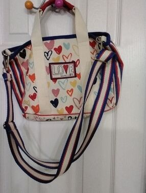 Brighton Heart Shapes Crossbody with Navy and Pink Striped Strap